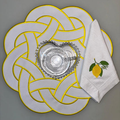 Round Placemat with Interlaced Design and Yellow Details