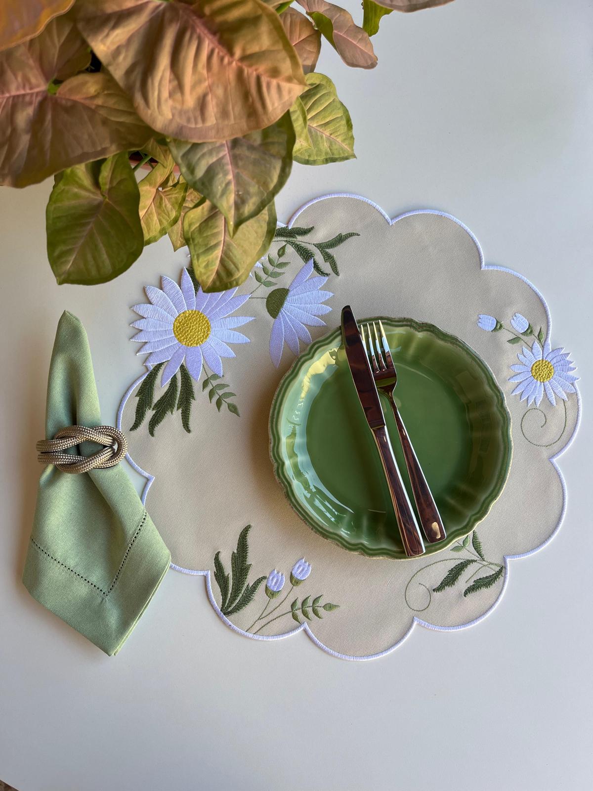 Round Placemat with White Floral Embroidery