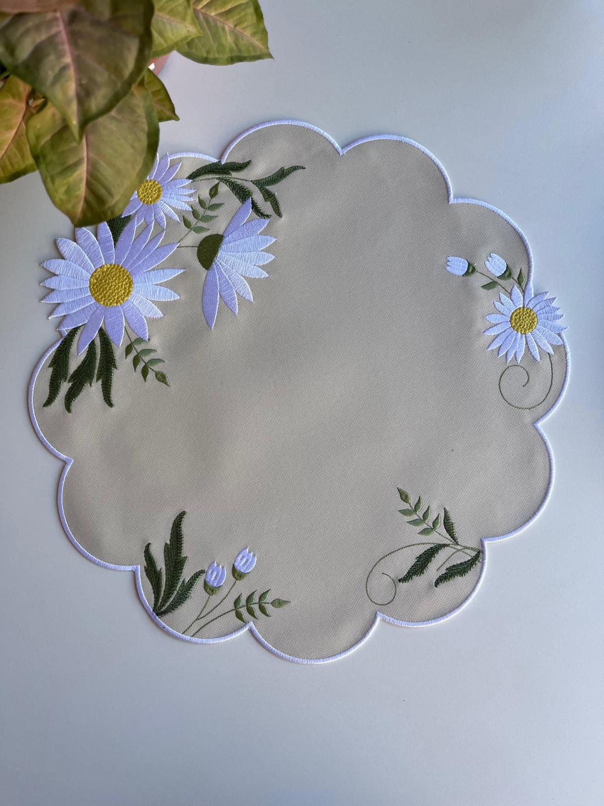 Round Placemat with White Floral Embroidery