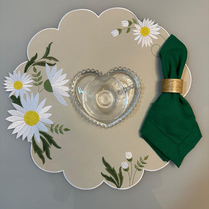 Round Placemat with White Floral Embroidery