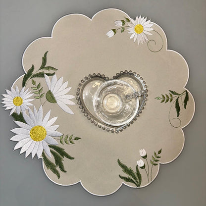 Round Placemat with White Floral Embroidery