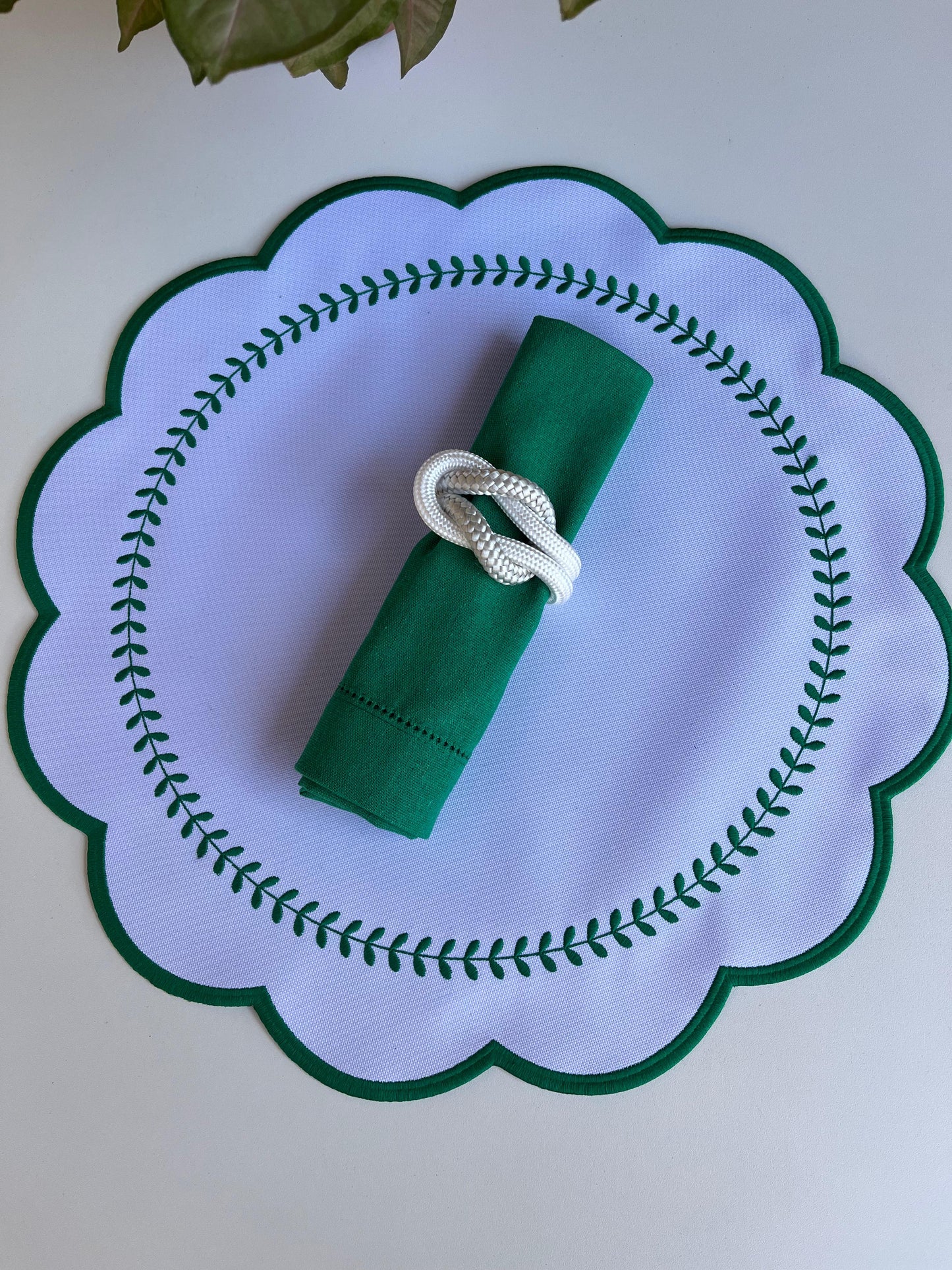 Round Placemat with Green Branch Embroidery