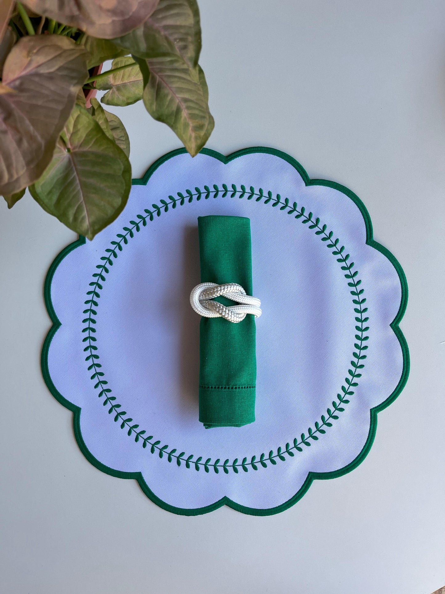 Round Placemat with Green Branch Embroidery