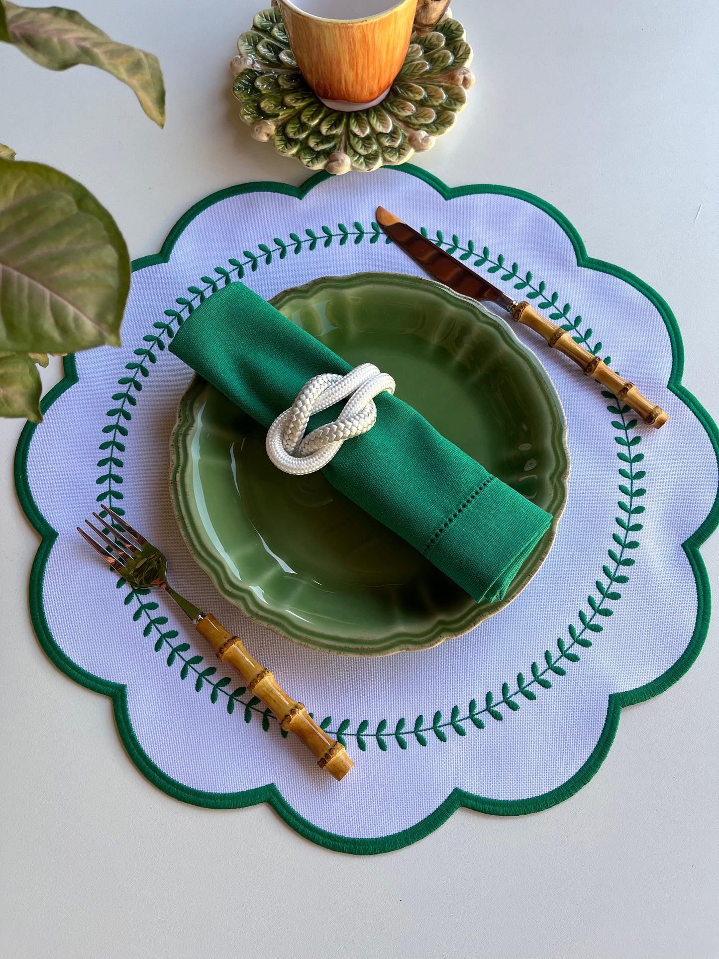 Round Placemat with Green Branch Embroidery