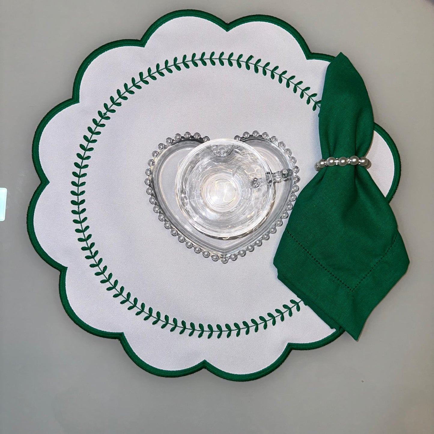 Round Placemat with Green Branch Embroidery