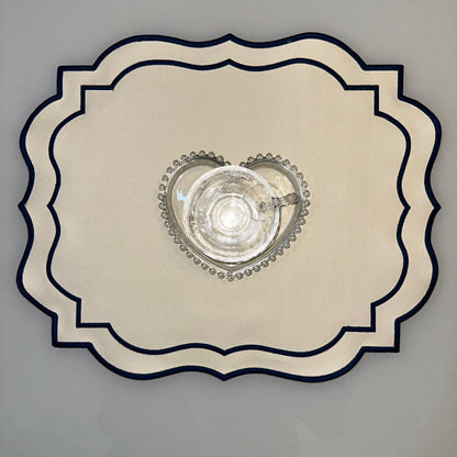 White Fabric Placemat with Navy Blue Details