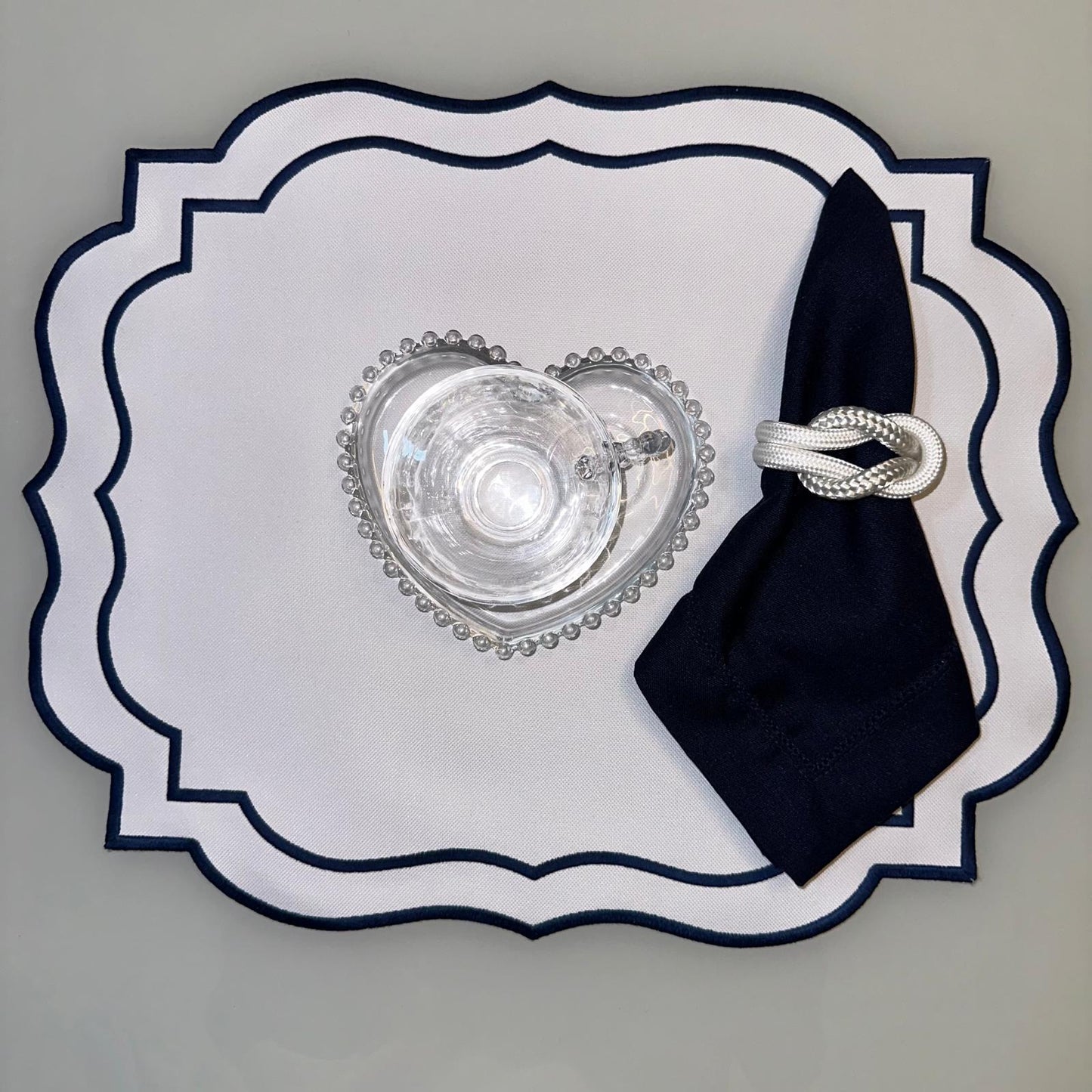 White Fabric Placemat with Navy Blue Details