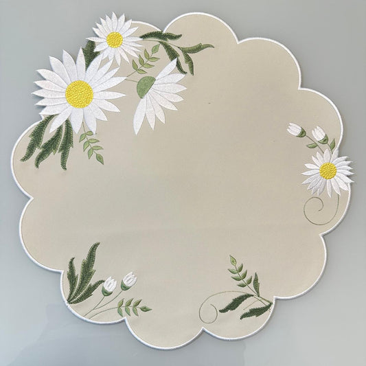 Round Placemat with White Floral Embroidery