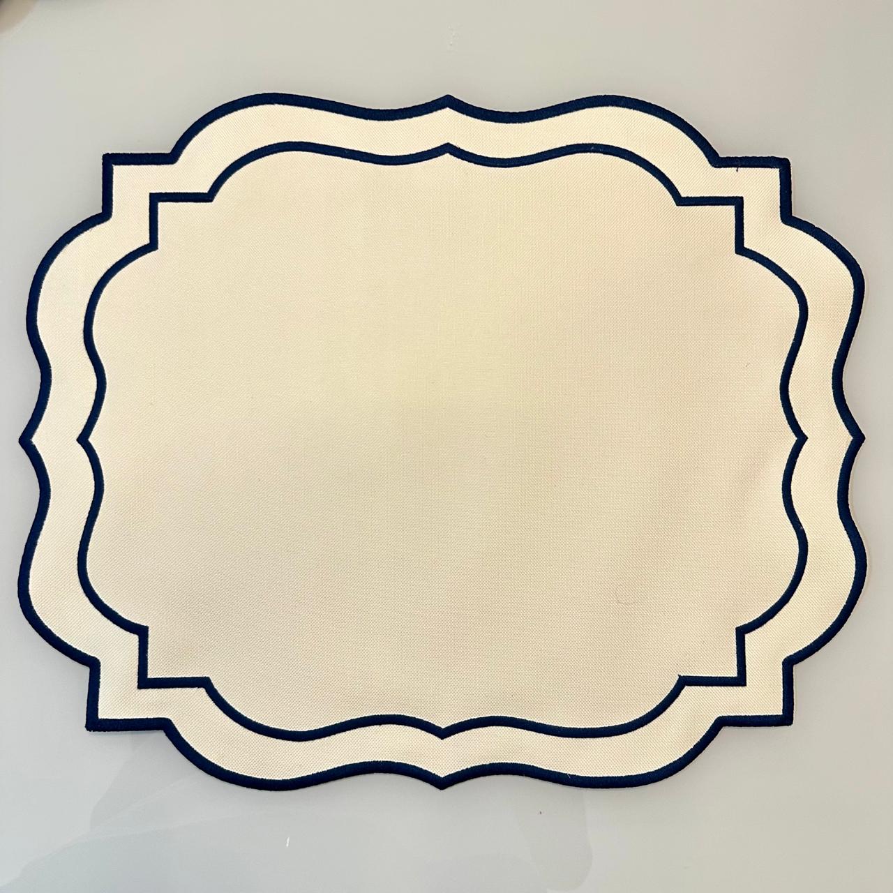 White Fabric Placemat with Navy Blue Details