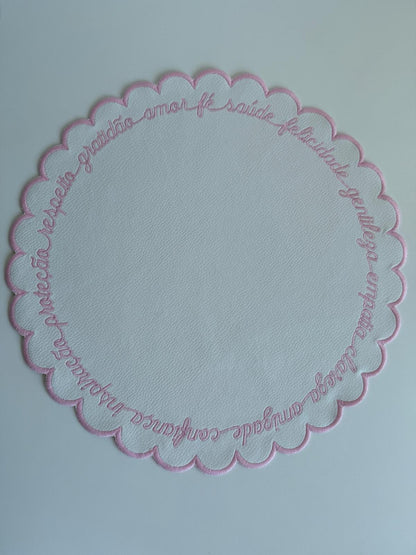 Round Placemat with Inspirational Embroidery PInk