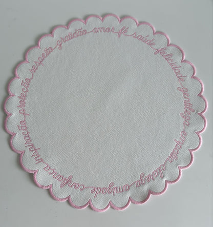 Round Placemat with Inspirational Embroidery PInk